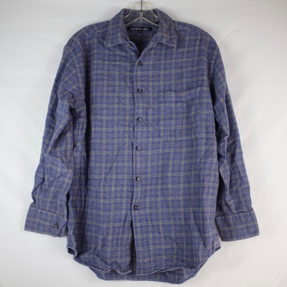 Northern Isles Blue Plaid Cotton Long Sleeve Button Up Flannel Shirt Mens Size M